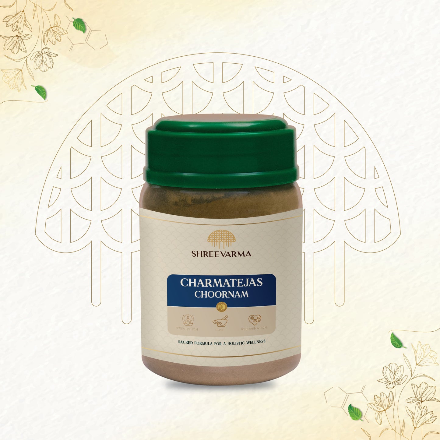 shreevarma CharmaThejas Choornam for Skin Conditions | Ayurvedic Supplement for Psoriasis | Eczema | Restores Pigmentation | Tulasi | Turmeric | Clear and Glowing Skin | 100G