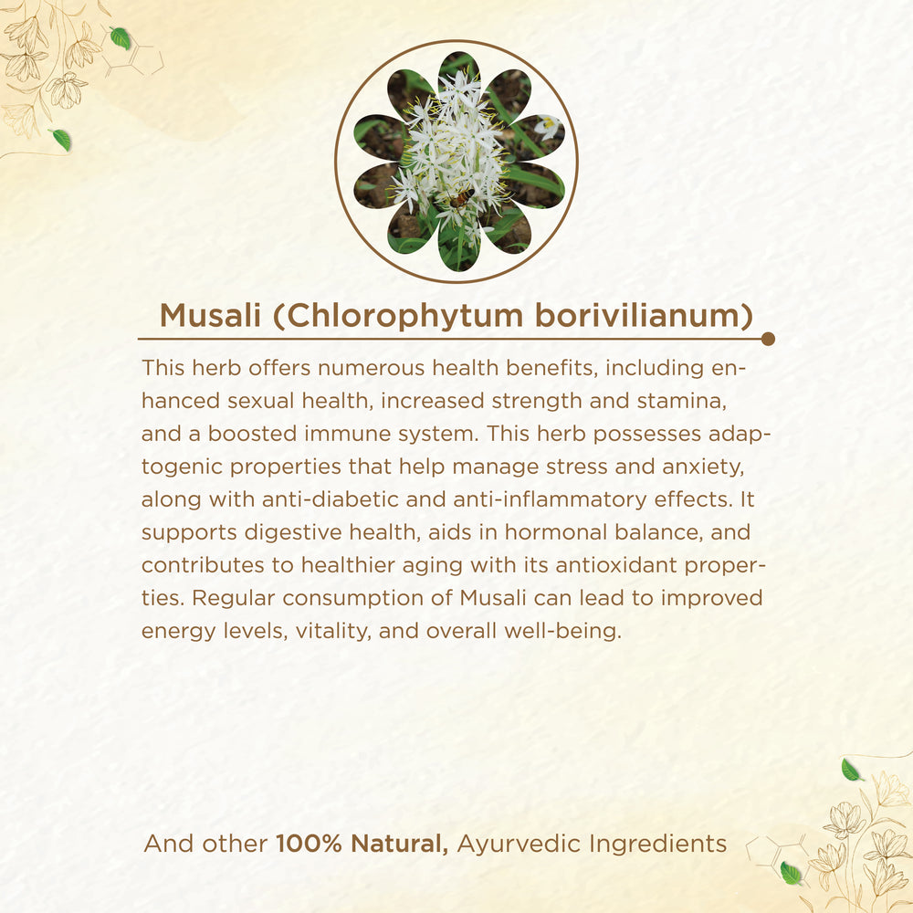 MUSALI CHOORNAM FOR INCREASING STRENGTH & STAMINA | AYURVEDIC SUPPLEMENT FOR OVERALL WELLNESS | EXCELLENT MALE SEXUAL HEALTH ENHANCER VITALITY BOOST | ENERGY ENHANCER | FERTILITY BOOSTER IN MEN AND WOMEN | MUSALI – 50 GMS