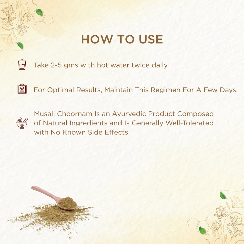 MUSALI CHOORNAM FOR INCREASING STRENGTH & STAMINA | AYURVEDIC SUPPLEMENT FOR OVERALL WELLNESS | EXCELLENT MALE SEXUAL HEALTH ENHANCER VITALITY BOOST | ENERGY ENHANCER | FERTILITY BOOSTER IN MEN AND WOMEN | MUSALI – 50 GMS