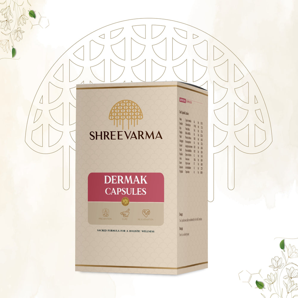 shreevarma Capsule Dermak Capsule for Skin Conditions | Ayurvedic Supplement for Psoriasis | Eczema & Acne | Restores Pigmentation | Turmeric | Neem — 60 Capsules