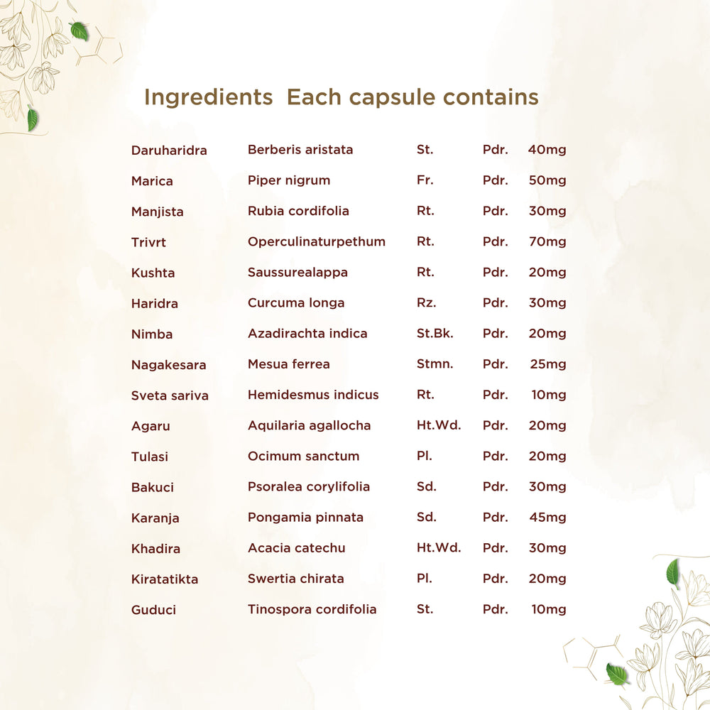 shreevarma Charmatejas Capsule for Skin Conditions | Ayurvedic Supplement for Psoriasis | Eczema | Restores Pigmentation | Tulasi | Turmeric | Neem | Clear and Glowing Skin — 60 Capsules